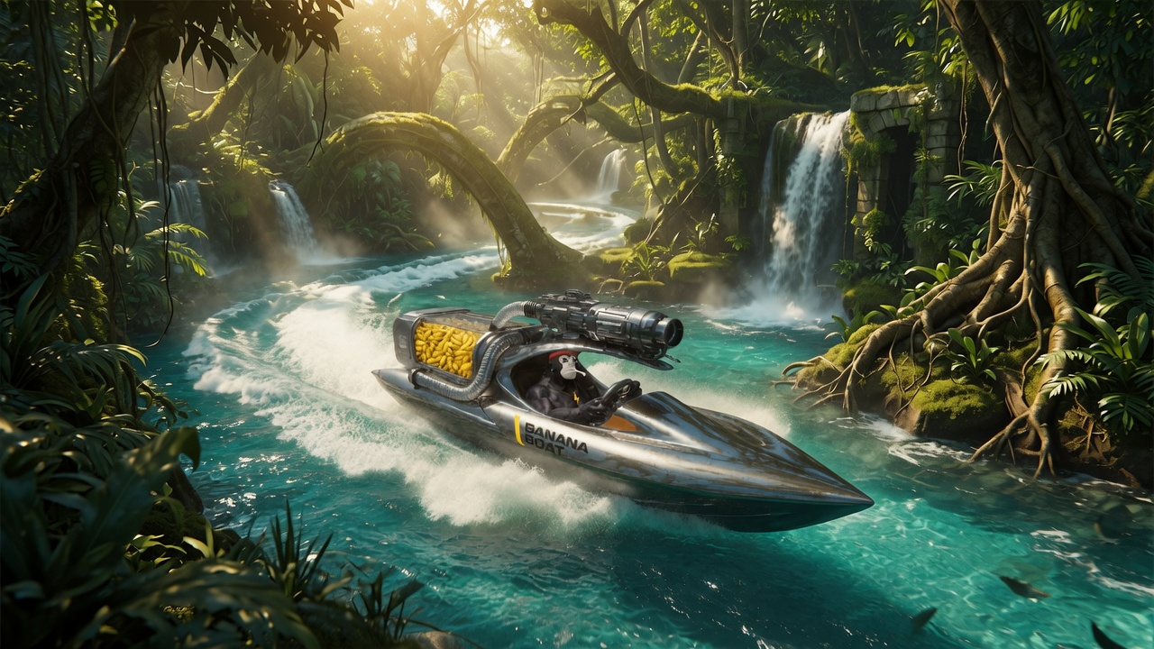 An ape riding a futuristic Banana Boat through a tropical jungle river