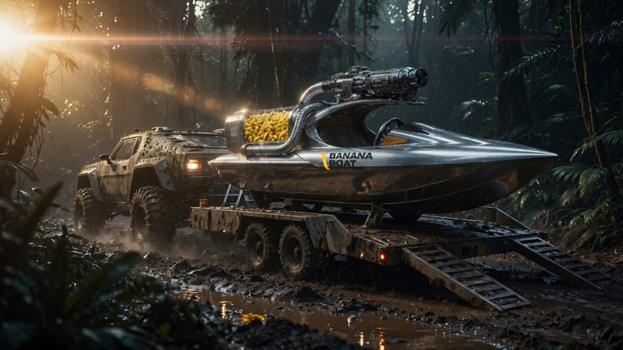 A futuristic Banana Boat transported through the jungle