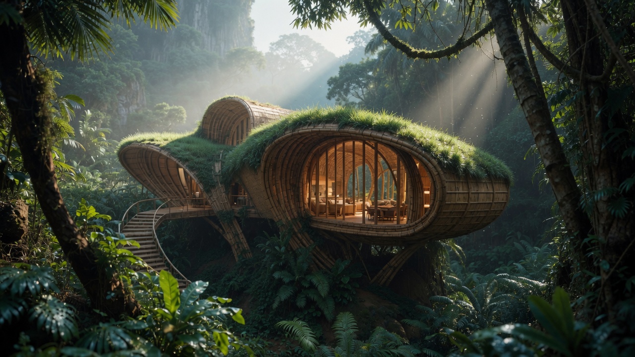 An organic bamboo jungle house surrounded by tropical vegetation and sunbeams